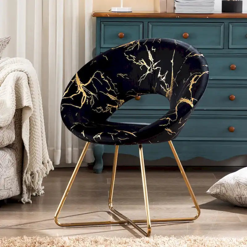 Fauteuil d'appoint en velours noir/vert foncé/gris à imprimé doré avec dossier ajouré et base métallique entrecroisée, 1 place