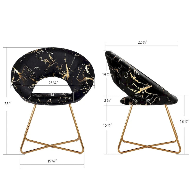 Fauteuil d'appoint en velours noir/vert foncé/gris à imprimé doré avec dossier ajouré et base métallique entrecroisée, 1 place