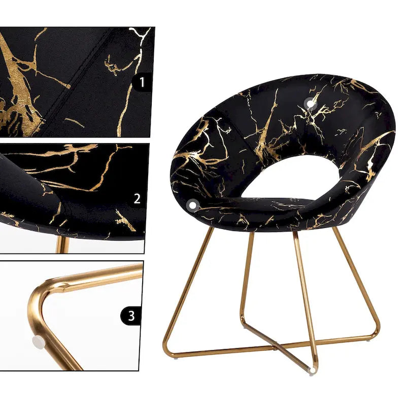 Fauteuil d'appoint en velours noir/vert foncé/gris à imprimé doré avec dossier ajouré et base métallique entrecroisée, 1 place
