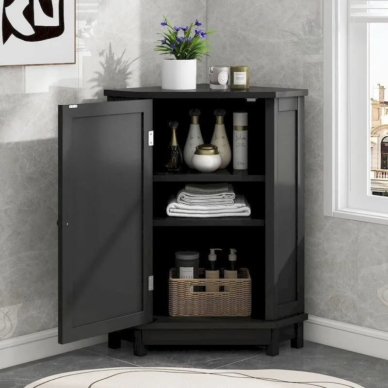 Meuble d'angle de rangement naturel et noir pour salle de bain avec 2 étagères réglables et portes, 1 personne