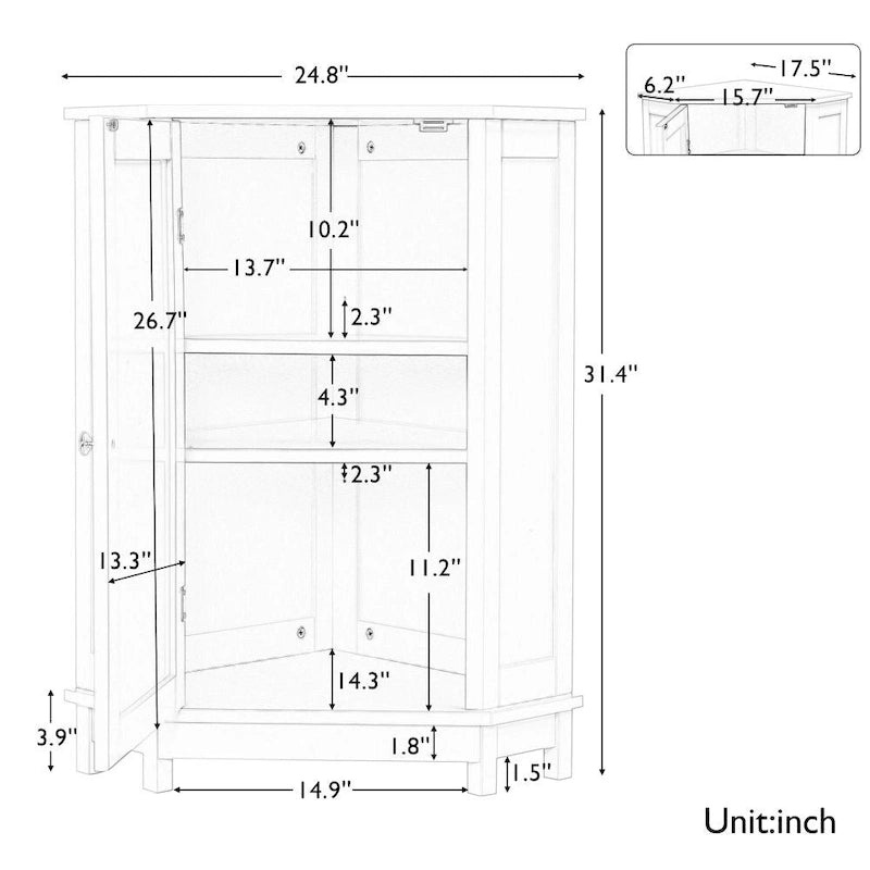 Meuble d'angle de rangement naturel et noir pour salle de bain avec 2 étagères réglables et portes, 1 personne