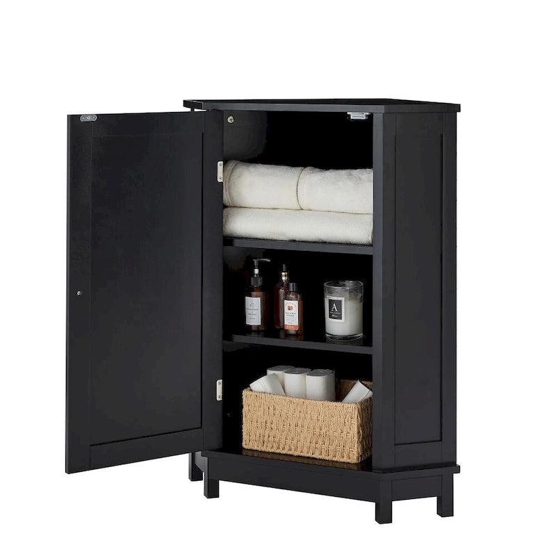 Meuble d'angle de rangement naturel et noir pour salle de bain avec 2 étagères réglables et portes, 1 personne