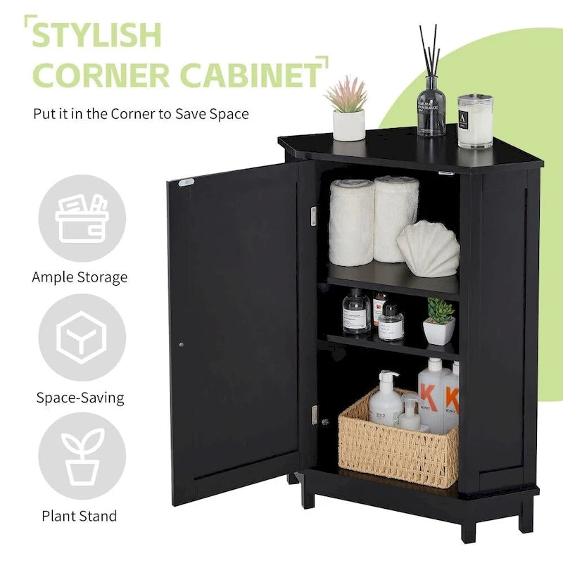 Meuble d'angle de rangement naturel et noir pour salle de bain avec 2 étagères réglables et portes, 1 personne