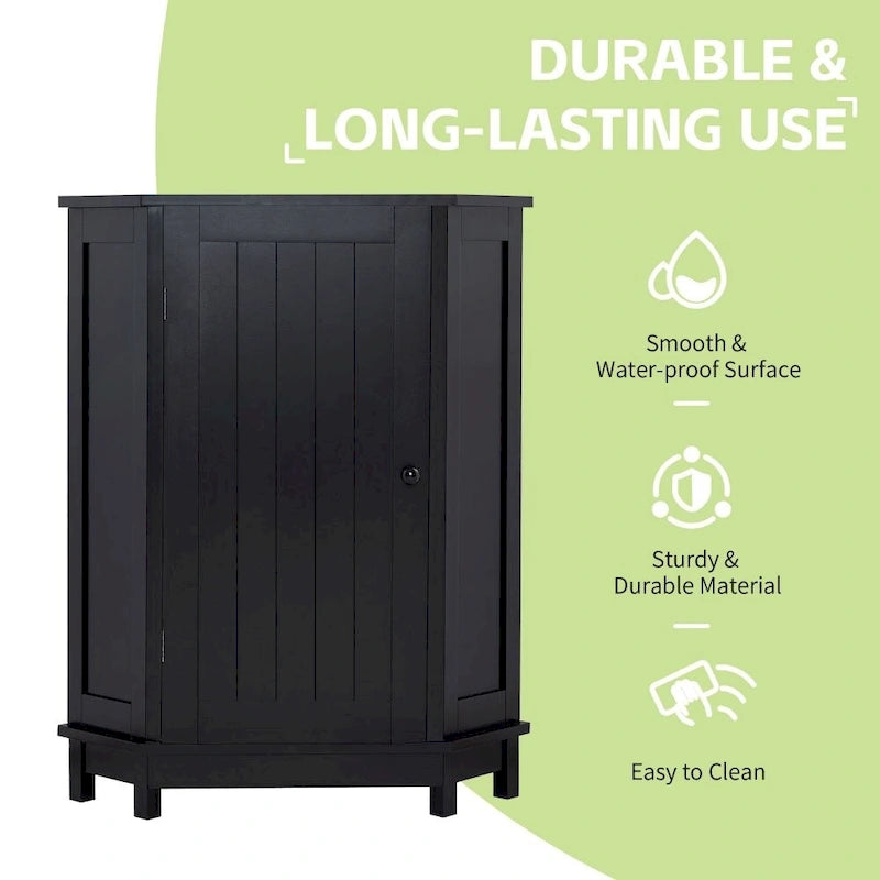 Meuble d'angle de rangement naturel et noir pour salle de bain avec 2 étagères réglables et portes, 1 personne