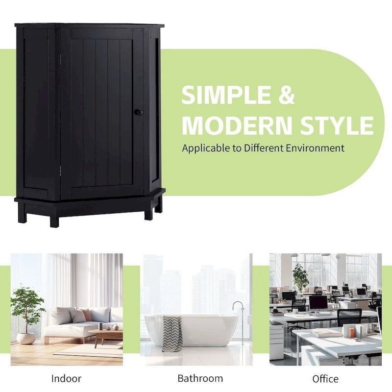 Meuble d'angle de rangement naturel et noir pour salle de bain avec 2 étagères réglables et portes, 1 personne