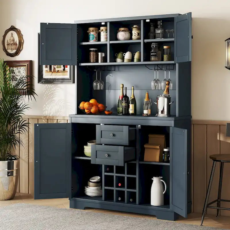 Meuble Bar à Café avec Tiroirs et Casier à Bouteilles, 1 Personne, Blanc Cassé / Bleu Foncé / Chêne Marron