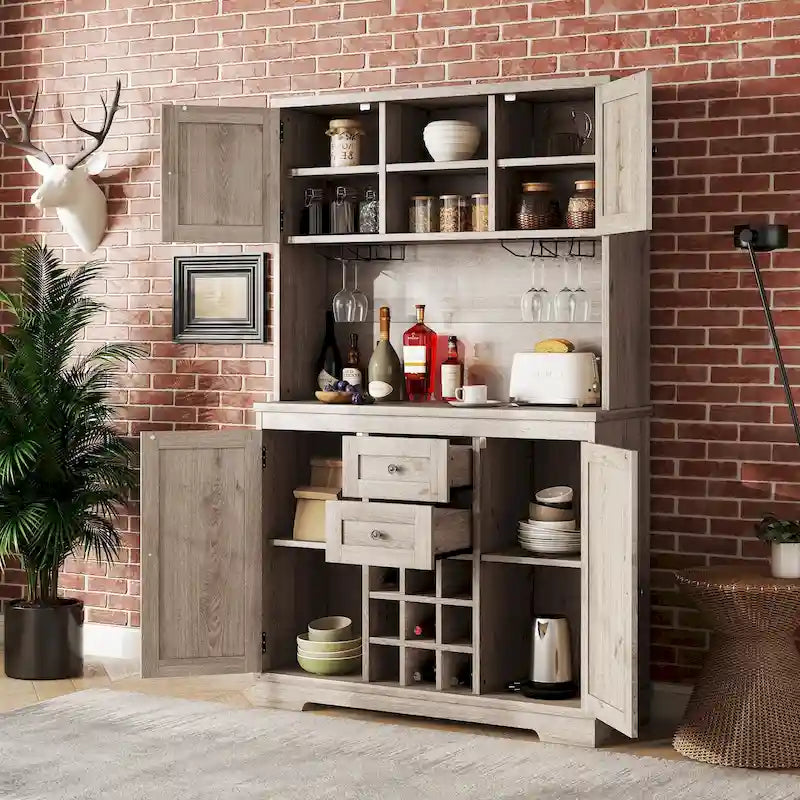 Off White / Dark Blue / Brown Oak Coffee Bar Cabinet with Drawers & Wine Rack, 1-Person
