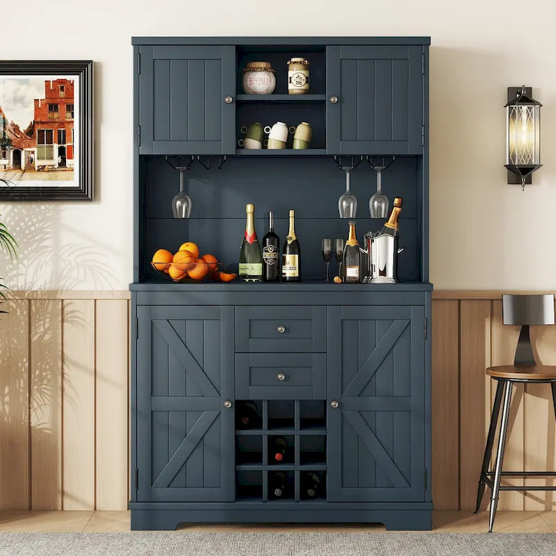 Off White / Dark Blue / Brown Oak Coffee Bar Cabinet with Drawers & Wine Rack, 1-Person