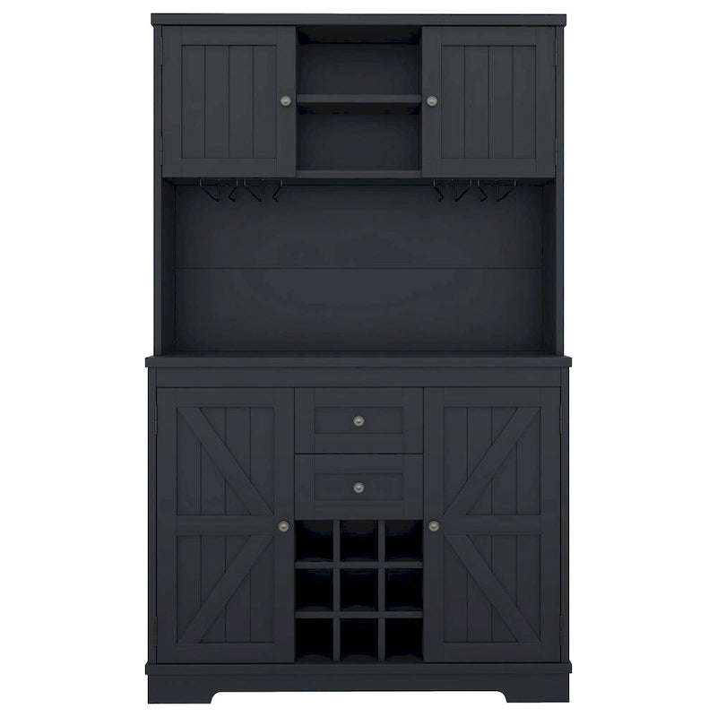 Off White / Dark Blue / Brown Oak Coffee Bar Cabinet with Drawers & Wine Rack, 1-Person