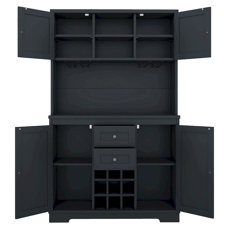 Off White / Dark Blue / Brown Oak Coffee Bar Cabinet with Drawers & Wine Rack, 1-Person