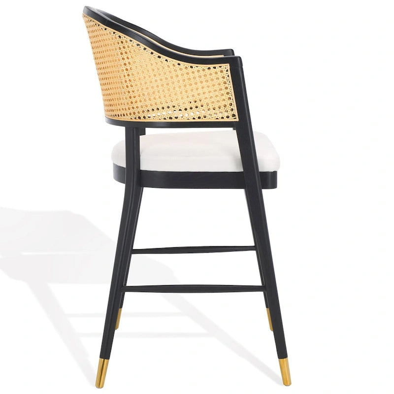 Tabouret de bar dossier rotin naturel/noir, assise lin, 27 po, 1 personne